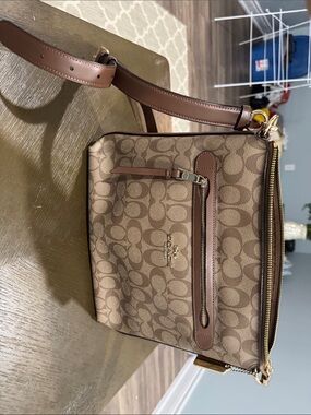 Coach Brown Signature Canvas Messenger Bag with Tan Leather Trim